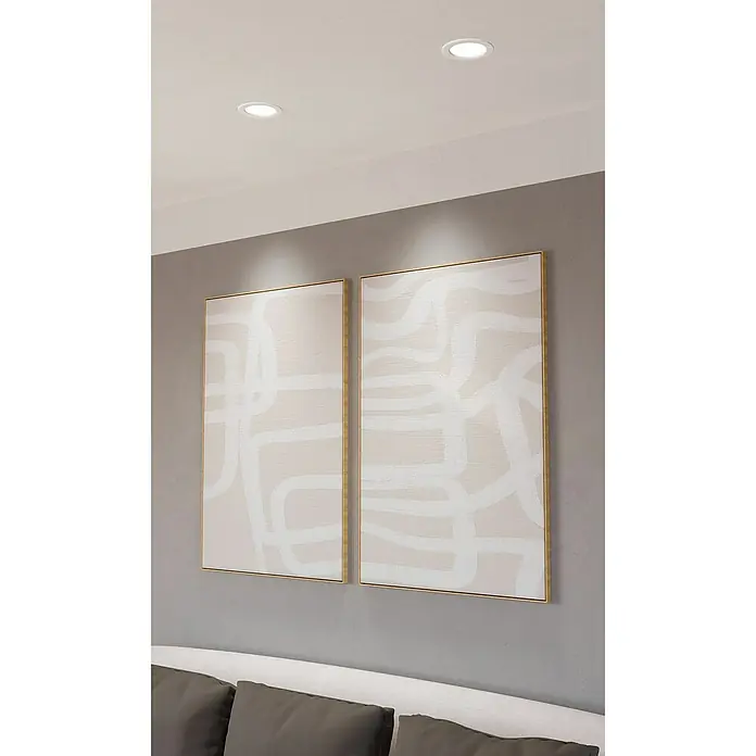 Eglo Fueva 6 Downlight empotrable LED redondo - 6 W, Ø x Al: 11,7 x 3,1 cm, Blanco, 2.700 K - 6.500 K, IP20 - Dos pinturas abstractas sobre lienzo en tonos beige con marcos dorados, que añaden un toque moderno y elegante.