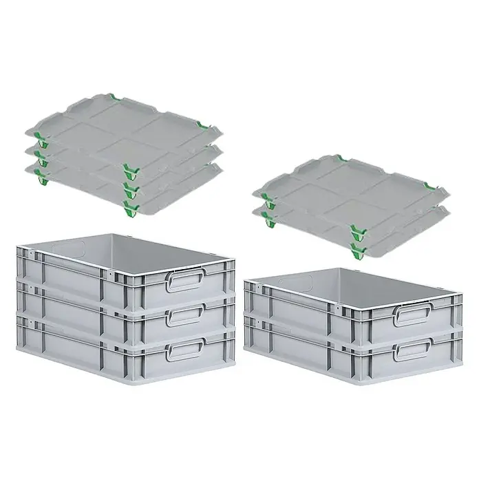 Proregal Euroboxen-Set 5x Eurobox NextGen Economy mit Auflagedeckel und 4x Verschlüsse Grün - L x B x H: 60 x 40 x 12 cm, Kunststoff, Grau, 5 Stk. - Abbildung von grauen Lagerbehältern und Deckeln, die eine robuste und stapelbare Lösung für Lager- und Transportbedürfnisse bieten.