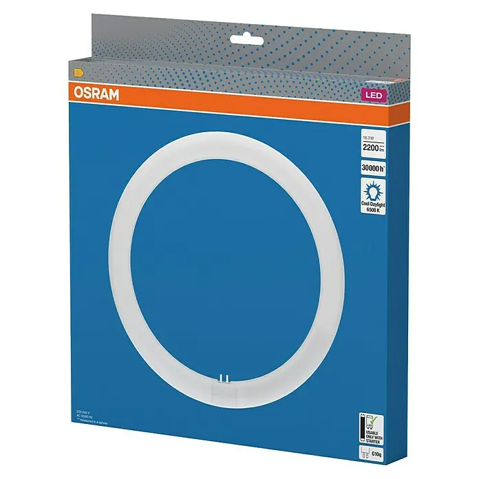 Tubo LED Circular - 32 W, 3 cm, Blanco frío, 1.200 lm - Un anillo de luz LED de Osram en su embalaje. El anillo de luz es blanco y el embalaje es azul y naranja.