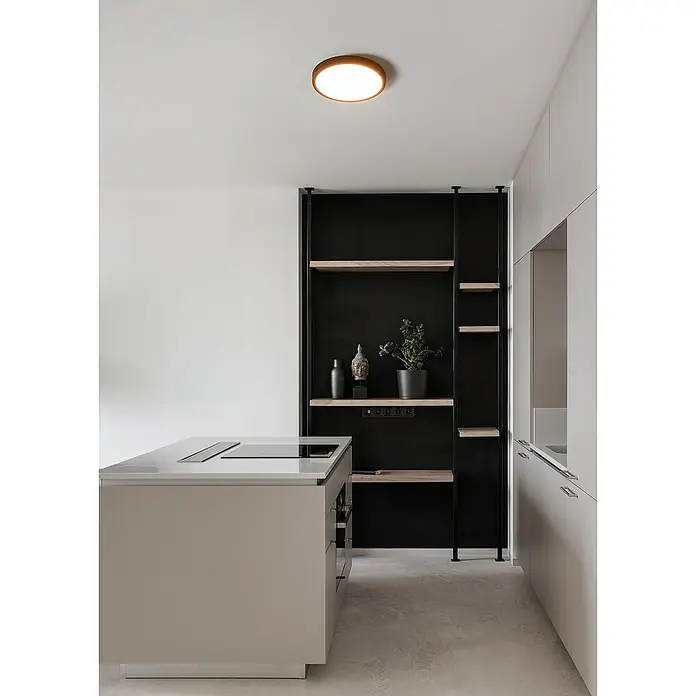 Eglo Fueva 6 Downlight empotrable LED redondo - 14,2 W, Ø x Al: 28 x 2 cm, Negro, Blanco cálido - Cocina moderna con isla, estantería negra con estantes de madera, estatua de Buda y planta de interior bajo una lámpara de techo redonda.
