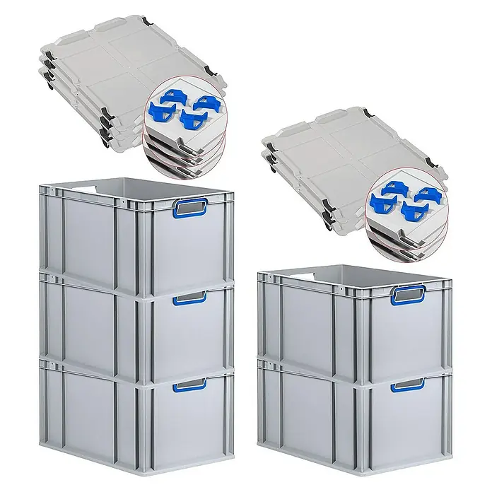 Proregal Euroboxen-Set 5x Eurobox NextGen Color mit Auflagedeckel und Schiebeschnappverschlüsse - L x B x H: 60 x 40 x 32 cm, Kunststoff, Grau, Blau, 5 Stk. - Bild von stapelbaren, grauen Kunststoffboxen mit blauen Griffen und zugehörigen Deckeln. Ideal für Lagerung und Organisation.
