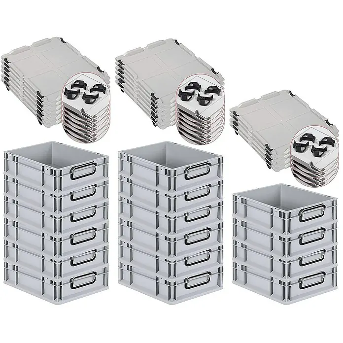 Proregal Euroboxen-Set 16x Eurobox NextGen Color mit Auflagedeckel und Schiebeschnappverschlüsse - L x B x H: 40 x 30 x 12 cm, Kunststoff, Grau, Schwarz, 16 Stk. - Das Bild zeigt drei Stapel grauer Lagerkisten und passende Deckel, die sich ideal zur Aufbewahrung und Organisation eignen.