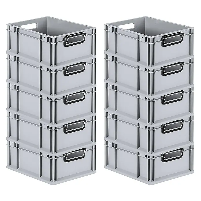 Proregal Euroboxen-Set 10x Eurobox NextGen Color - L x B x H: 40 x 30 x 17 cm, Kunststoff, Grau, Schwarz, 10 Stk. - Zwei Stapel grauer Kunststoffboxen mit Griffen, ideal für Lagerung und Organisation. Praktische Lagerlösung für verschiedene Zwecke.