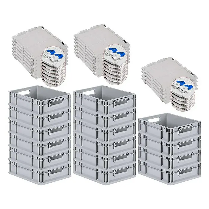 Proregal Euroboxen-Set 16x Eurobox NextGen Economy mit Scharnierdeckel und blauen Verschlüssen - L x B x H: 40 x 30 x 12 cm, Kunststoff, Grau, 16 Stk. - Stapelbare graue Kunststoffboxen und Deckel für Lagerung und Organisation. Praktisch und robust.
