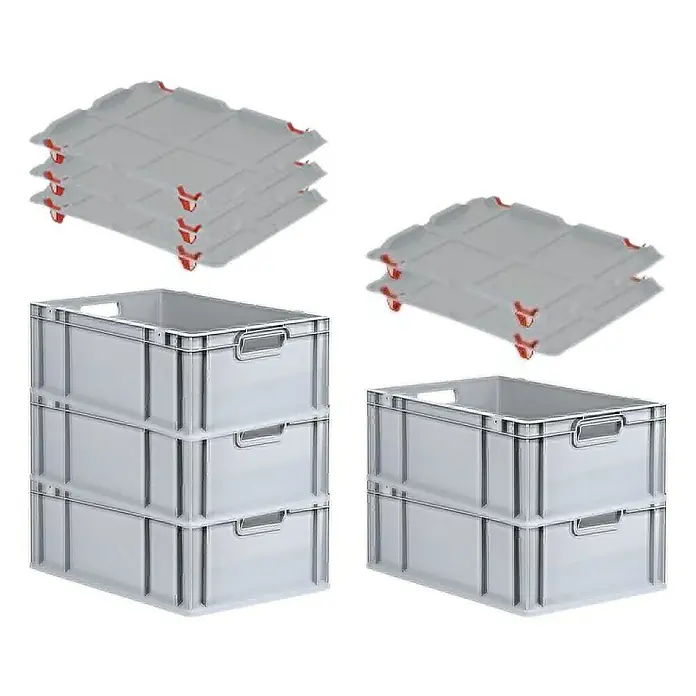 Proregal Euroboxen-Set 5x Eurobox NextGen Grip mit Auflagedeckel inkl. 4 roten Verschlüssen - L x B x H: 60 x 40 x 22 cm, Kunststoff, Grau, 5 Stk. - Ein Arrangement aus gestapelten grauen Lagerbehältern und Deckeln, perfekt für eine effiziente Organisation von Lagerbeständen.