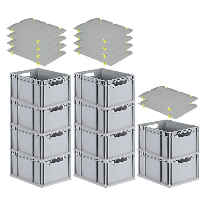 Proregal Euroboxen-Set 10x Eurobox NextGen Economy mit Auflagedeckel und 4x Verschlüsse Gelb - Kunststoff, Grau, 10 Stk. - Graue Lagerkisten und Deckel, ideal für Lagerung und Organisation. Praktisches Set für Ordnung in Lager und Werkstatt.