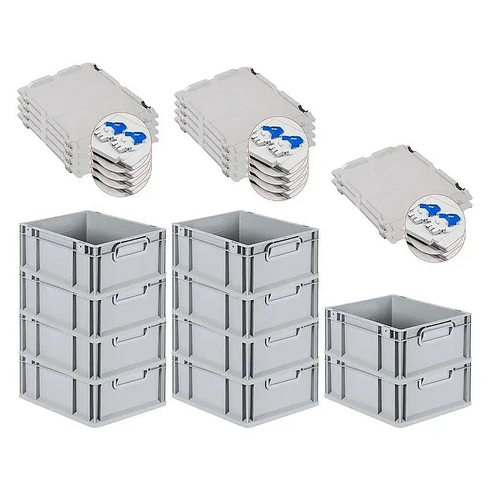 Proregal Euroboxen-Set 10x Eurobox NextGen Grip mit Scharnierdeckel und blauen Verschlüssen - L x B x H: 40 x 30 x 17 cm, Kunststoff, Grau, 10 Stk. - Stapelbare graue Eurobehälter mit Griffen und Deckel, ideal für Lagerung und Transport.