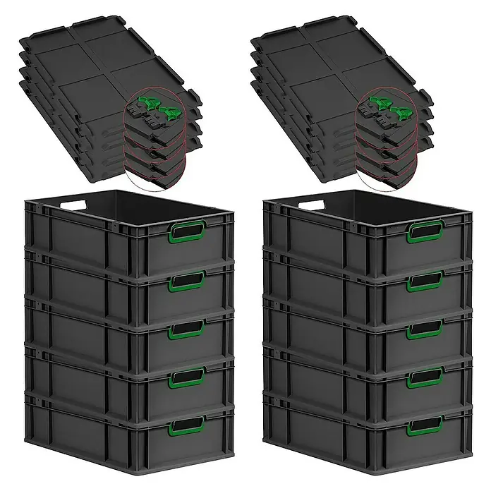 Proregal Euroboxen-Set 10x Eurobox NextGen Color mit Scharnierdeckel und Verschlüssen - L x B x H: 60 x 40 x 17 cm, Kunststoff, Schwarz, Grün, 10 Stk. - Schwarze Eurobehälter und Deckel im Stapel. Ideal für Lagerung und Transport mit praktischen grünen Griffen.
