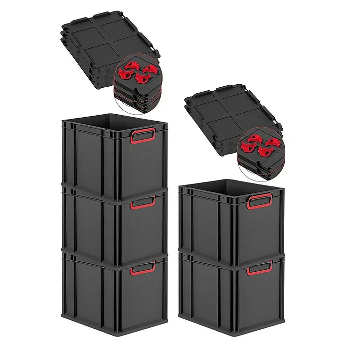 Proregal Euroboxen-Set 5x Eurobox NextGen Color mit Auflagedeckel und Schiebeschnappverschlüsse - Kunststoff, Schwarz, Rot, 5 Stk. - Ein Satz schwarze Stapelboxen mit roten Griffen und zugehörigen Deckeln und roten Verbindungselementen.