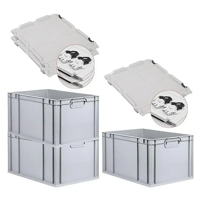 Proregal Euroboxen-Set 3x Eurobox NextGen Economy mit Scharnierdeckel und schwarzen Verschlüssen - L x B x H: 60 x 40 x 32 cm, Kunststoff, Grau, 3 Stk. - Graue Eurobehälter mit passenden Deckeln. Die Behälter sind stapelbar und verfügen über praktische Tragegriffe. Ideal für Lagerung und Transport.