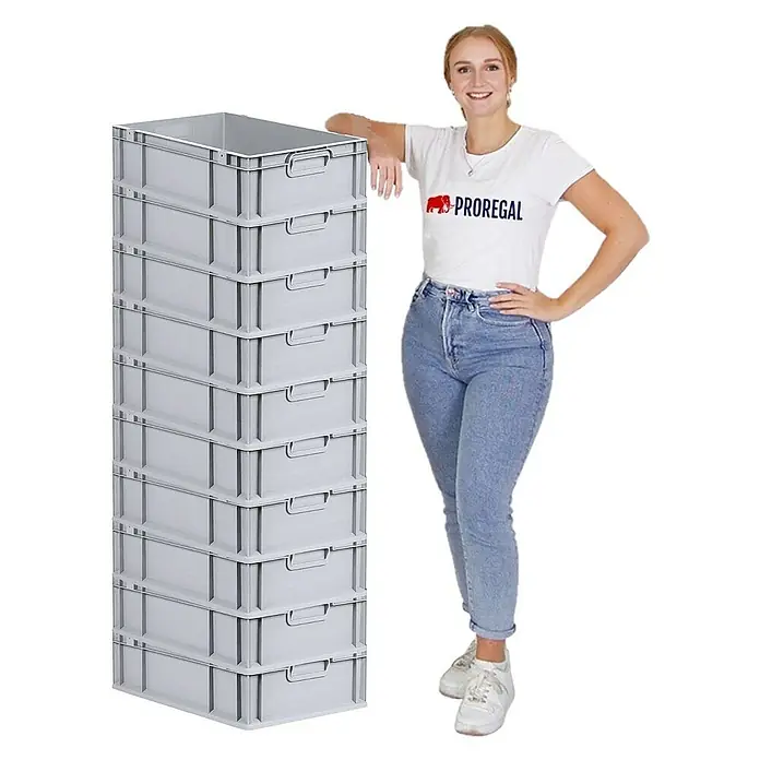 Proregal Euroboxen-Set 10x Eurobox NextGen Economy mit Auflagedeckel und 4x Verschlüsse Schwarz - Kunststoff, Grau, 10 Stk. - Eine Frau lehnt an einem Stapel grauer Proregal-Lagerkästen.
