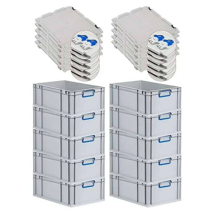 Proregal Euroboxen-Set 10x Eurobox NextGen Color mit Scharnierdeckel und Verschlüssen - L x B x H: 60 x 40 x 22 cm, Kunststoff, Grau, Blau, 10 Stk. - Stapelbare Eurobehälter mit Deckeln und blauen Griffen. Perfekt für Lagerung & Transport. Robust und langlebig, ideal für Industrie und Gewerbe.