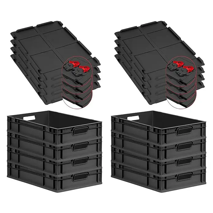 Proregal Euroboxen-Set 8x Eurobox NextGen Grip mit Scharnierdeckel und roten Verschlüssen - L x B x H: 60 x 40 x 12 cm, Kunststoff, Schwarz, 8 Stk. - Bild von zwei Stapeln schwarzer Kunststoffkisten und -deckel, ideal für Lagerung und Organisation.