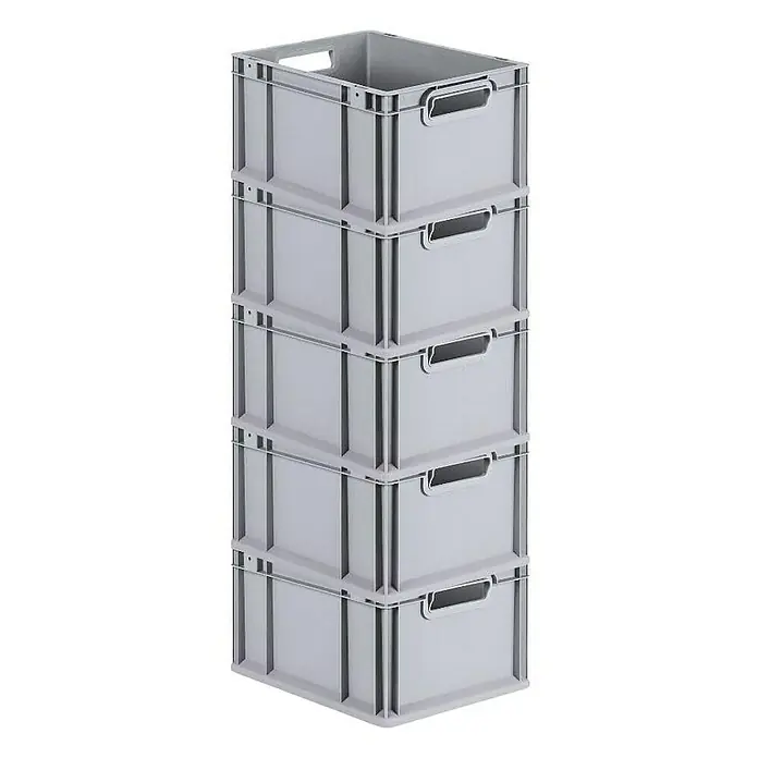 Proregal Euroboxen-Set 5x Eurobox NextGen Economy mit Scharnierdeckel und blauen Verschlüssen - L x B x H: 40 x 30 x 22 cm, Kunststoff, Grau, 5 Stk. - Bild von fünf gestapelten grauen Lagerkisten aus Kunststoff mit Griffen. Sie sind robust und ideal für die Lagerung.