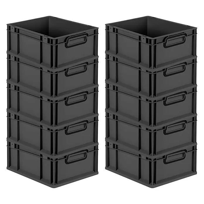 Proregal Euroboxen-Set 10x Eurobox NextGen Color - L x B x H: 40 x 30 x 17 cm, Kunststoff, Schwarz, Schwarz, 10 Stk. - Zwei Stapel grauer Kunststoffbehälter, jeweils fünf Behälter hoch, für Lagerung und Organisation.