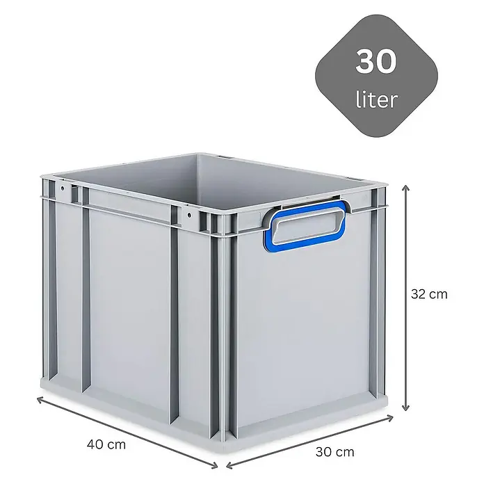 Proregal Euroboxen-Set 5x Eurobox NextGen Color - Kunststoff, Grau, Blau, 5 Stk. - Graue 30-Liter-Kunststoffbox mit blauen Griffen und Größenangaben.