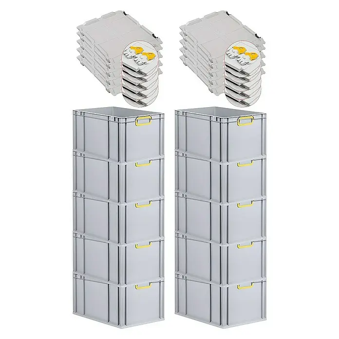 Proregal Euroboxen-Set 10x Eurobox NextGen Color mit Scharnierdeckel und Verschlüssen - L x B x H: 60 x 40 x 32 cm, Kunststoff, Grau, Gelb, 10 Stk. - Stapelbare graue Lagerbehälter mit gelben Griffen und passenden Deckeln, ideal für Lagerung und Transport.