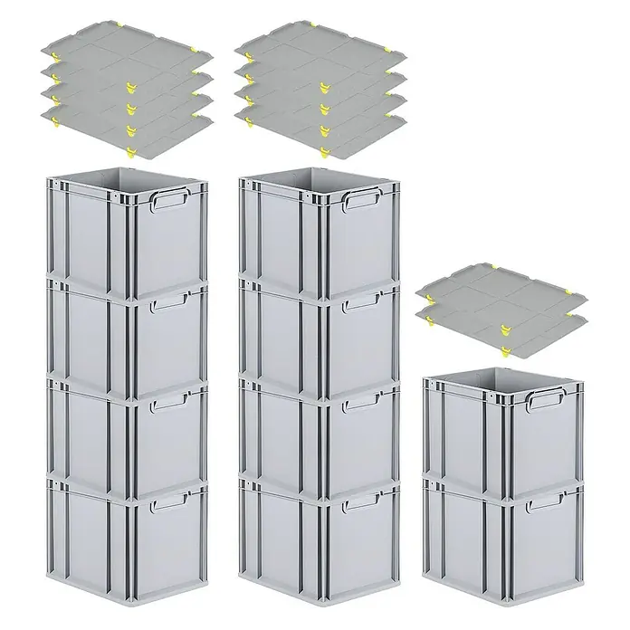 Proregal Euroboxen-Set 10x Eurobox NextGen Economy mit Auflagedeckel und 4x Verschlüsse Gelb - Kunststoff, Grau, 10 Stk. - Graue Kunststoffboxen und Deckel: Ein Stapel von drei Säulen mit grauen Boxen und Deckeln, die für die Lagerung und Organisation geeignet sind.