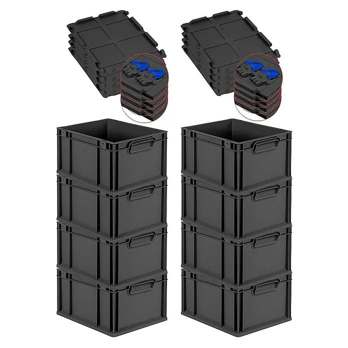 Proregal Euroboxen-Set 8x Eurobox NextGen Grip mit Scharnierdeckel und blauen Verschlüssen - L x B x H: 40 x 30 x 22 cm, Kunststoff, Schwarz, 8 Stk. - Das Bild zeigt zwei Stapel von grauen Kunststoffboxen und stapelbaren Deckeln mit blauen Verschlüssen.