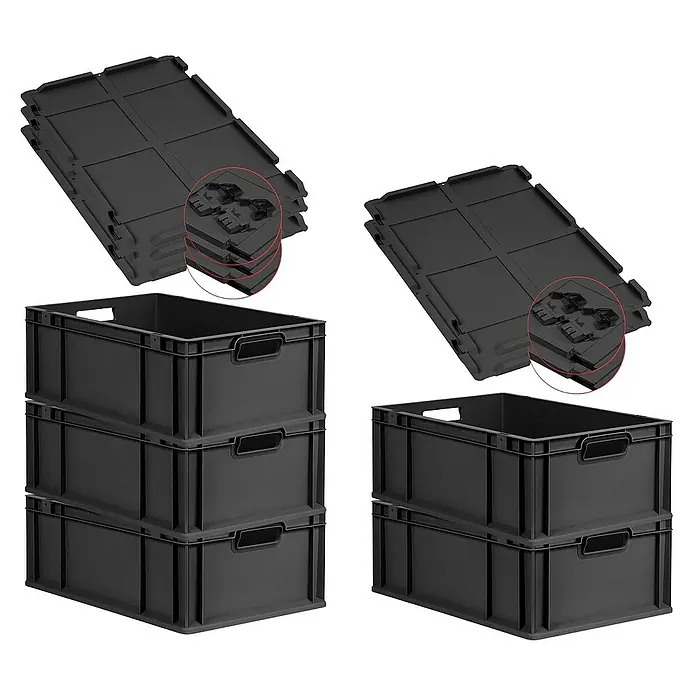 Proregal Euroboxen-Set 5x Eurobox NextGen Grip mit Scharnierdeckel und schwarzen Verschlüssen - L x B x H: 60 x 40 x 22 cm, Kunststoff, Schwarz, 5 Stk. - Schwarze Kunststoffboxen in verschiedenen Konfigurationen, darunter gefaltete und gestapelte Optionen, für Lagerung und Organisation.