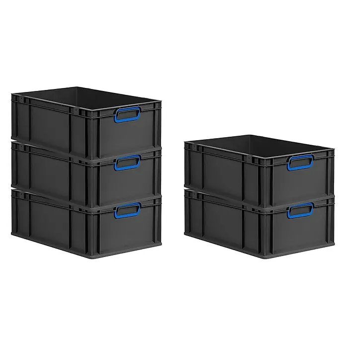 Proregal Euroboxen-Set 5x Eurobox NextGen Color - L x B x H: 60 x 40 x 22 cm, Kunststoff, Schwarz, Blau, 5 Stk. - Stapel von schwarzen Kunststoffboxen mit blauen Griffen. Praktische Aufbewahrungslösung für verschiedene Gegenstände.