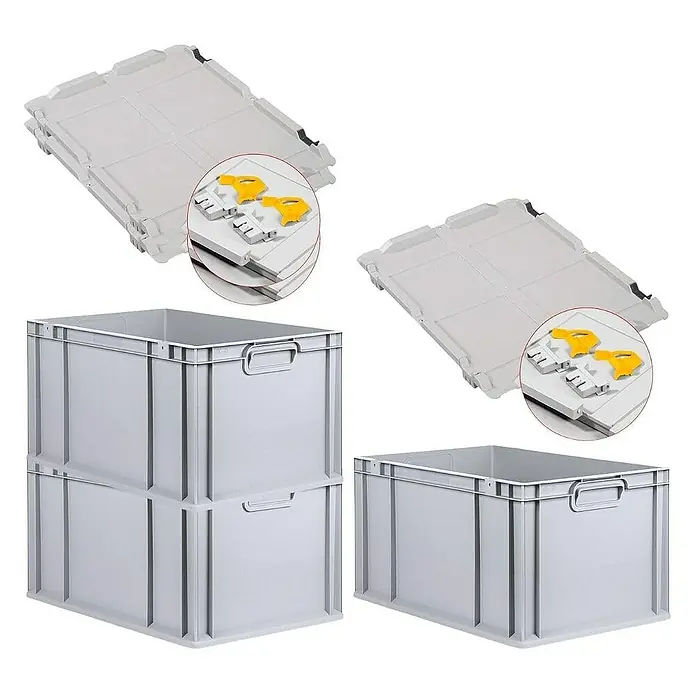 Proregal Euroboxen-Set 3x Eurobox NextGen Economy mit Scharnierdeckel und gelben Verschlüssen - L x B x H: 60 x 40 x 32 cm, Kunststoff, Grau, 3 Stk. - Die grauen Kunststoffboxen sind stapelbar und verfügen über passende Deckel mit gelben Verschlüssen für sicheren Transport.
