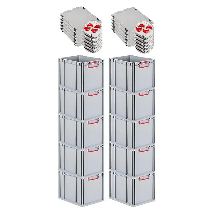 Proregal Euroboxen-Set 10x Eurobox NextGen Color mit Auflagedeckel und Schiebeschnappverschlüsse - Kunststoff, Grau, Rot, 10 Stk. - Zwei Stapel grauer Eurobehälter mit roten Griffen und dazugehörigen Deckeln. Diese Behälter sind ideal für Lagerung und Transport.