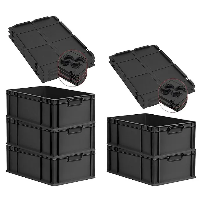 SparSet 5x Eurobox NextGen Grip mit Auflagedeckel inkl. 4 schwarzen Schiebeschnappverschlüssen | HxBxT 22x40x60cm | 44 Liter | Schwarz | Griffe geschlossen | Verstärkter Boden | Eurobehälter, Transportbox, Transportbehälter, Stapelbehälter -  - Bild von schwarzen Eurobehältern und Deckeln, die für Lagerung und Transport konzipiert sind. Die Behälter sind stapelbar und haben praktische Tragegriffe.