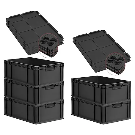 SparSet 5x Eurobox NextGen Grip mit Auflagedeckel inkl. 4 schwarzen Schiebeschnappverschlüssen | HxBxT 22x40x60cm | 44 Liter | Schwarz | Griffe geschlossen | Verstärkter Boden | Eurobehälter, Transportbox, Transportbehälter, Stapelbehälter