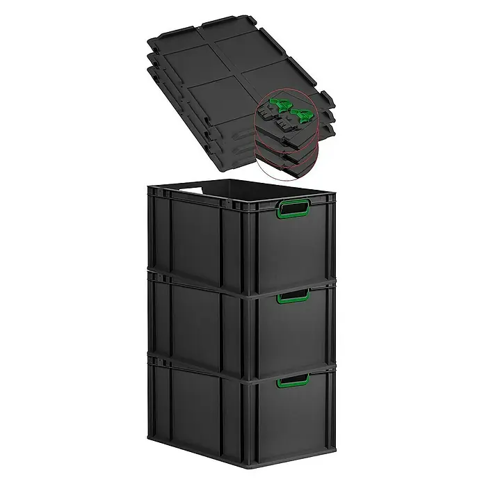 Proregal Euroboxen-Set 3x Eurobox NextGen Color mit Scharnierdeckel und Verschlüssen - L x B x H: 60 x 40 x 32 cm, Kunststoff, Schwarz, Grün, 3 Stk. - Abgebildete sind schwarze Eurobehälter mit grünen Griffen und Deckeln. Die Behälter sind robust und stapelbar.