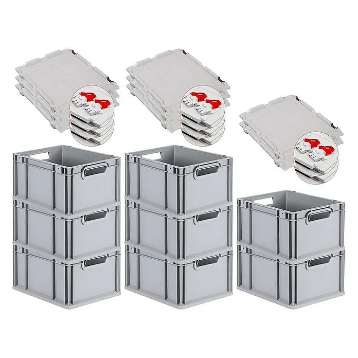 Proregal Euroboxen-Set 8x Eurobox NextGen Grip mit Scharnierdeckel und roten Verschlüssen - L x B x H: 40 x 30 x 22 cm, Kunststoff, Grau, 8 Stk. - Bild von grauen Lagerboxen und Deckeln. Das Produkt besteht aus haltbaren, stapelbaren Behältern mit praktischen Griffen und Deckeln.