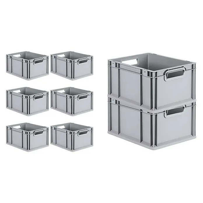 Proregal Euroboxen-Set 8x Eurobox NextGen Grip mit Scharnierdeckel und roten Verschlüssen - L x B x H: 40 x 30 x 22 cm, Kunststoff, Grau, 8 Stk. - Das Bild zeigt eine Gruppe von grauen Lagerboxen, sowohl einzeln als auch gestapelt, ideal für die Organisation von Gegenständen.