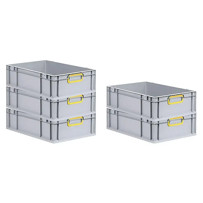 Proregal Euroboxen-Set 5x Eurobox NextGen Color - L x B x H: 60 x 40 x 17 cm, Kunststoff, Grau, Gelb, 5 Stk. - Stapelbare graue Kunststoffbehälter mit gelben Griffen, ideal für Lagerung und Transport in Industrie und Haushalt. Robuste Bauweise für vielseitige Anwendungen.