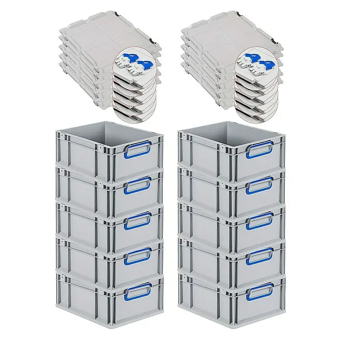 Proregal Euroboxen-Set 10x Eurobox NextGen Color mit Scharnierdeckel und Verschlüssen - L x B x H: 40 x 30 x 17 cm, Kunststoff, Grau, Blau, 10 Stk. - Bild von zwei Stapeln grauer Eurobehälter und grauen Deckeln mit blauen Details, ideal für Lagerung und Transport.