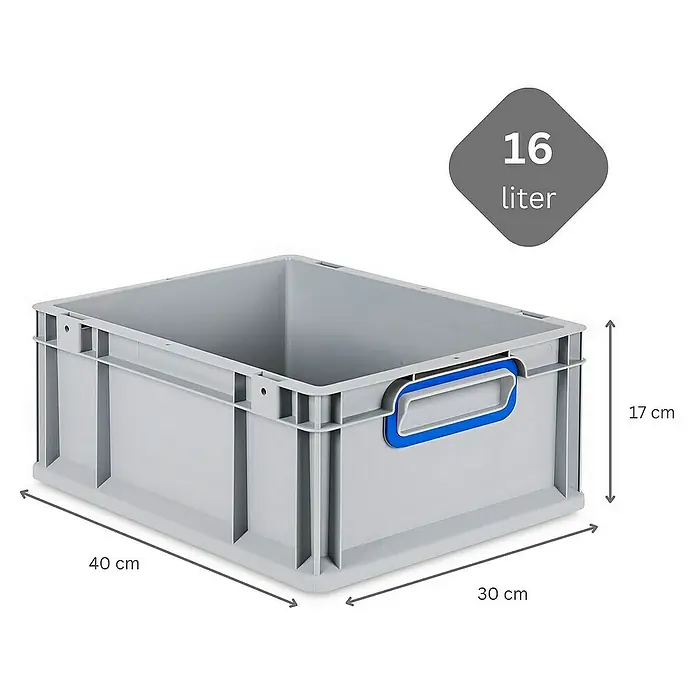 Proregal Euroboxen-Set 10x Eurobox NextGen Color mit Scharnierdeckel und Verschlüssen - L x B x H: 40 x 30 x 17 cm, Kunststoff, Grau, Blau, 10 Stk. - Graue 16-Liter-Kunststoffbox mit blauen Griffen und Größenangaben.