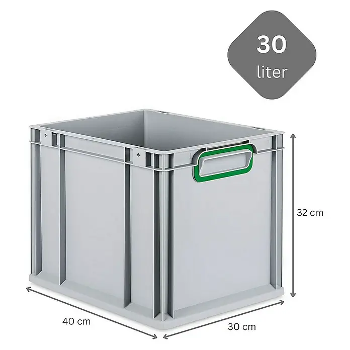 Proregal Euroboxen-Set 5x Eurobox NextGen Color mit Scharnierdeckel und Verschlüssen - Kunststoff, Grau, Grün, 5 Stk. - Graue 30-Liter-Kunststoffbox mit den Maßen 40 x 30 x 32 cm, ideal für Lagerung und Transport.
