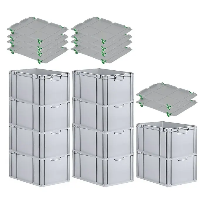 Proregal Euroboxen-Set 10x Eurobox NextGen Grip mit Auflagedeckel inkl. 4 grünen Verschlüssen - L x B x H: 60 x 40 x 32 cm, Kunststoff, Grau, 10 Stk. - Bild von drei Stapeln grauer Euroboxen und drei Stapeln grauer Deckel mit grünen Befestigungen.
