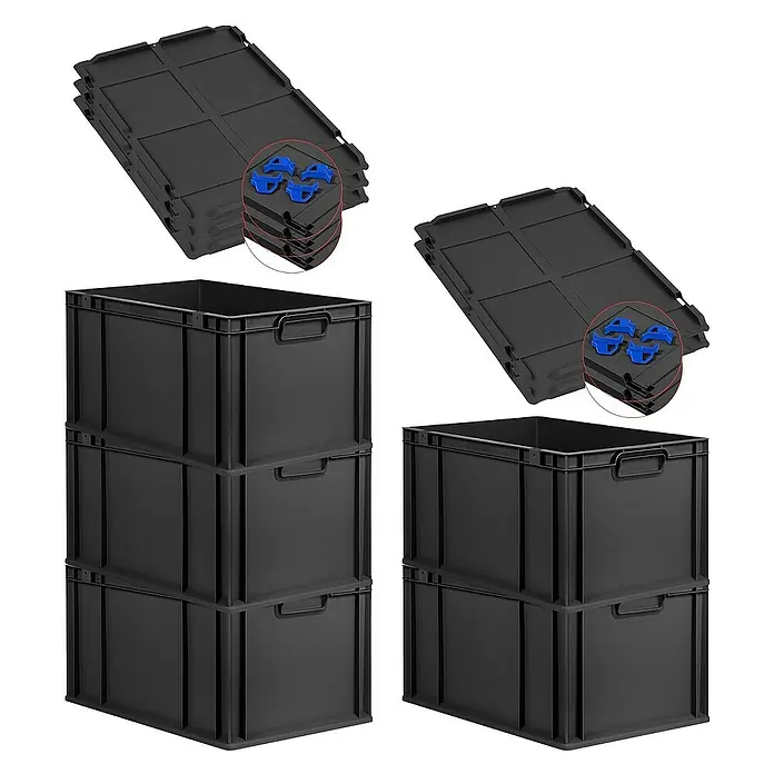 Proregal Euroboxen-Set 5x Eurobox NextGen Grip mit Auflagedeckel inkl. 4 blauen Verschlüssen - L x B x H: 60 x 40 x 32 cm, Kunststoff, Schwarz, 5 Stk. - Stapelbare schwarze Kunststoffboxen mit Deckeln und blauen Sicherungsclips für Lagerung und Organisation.
