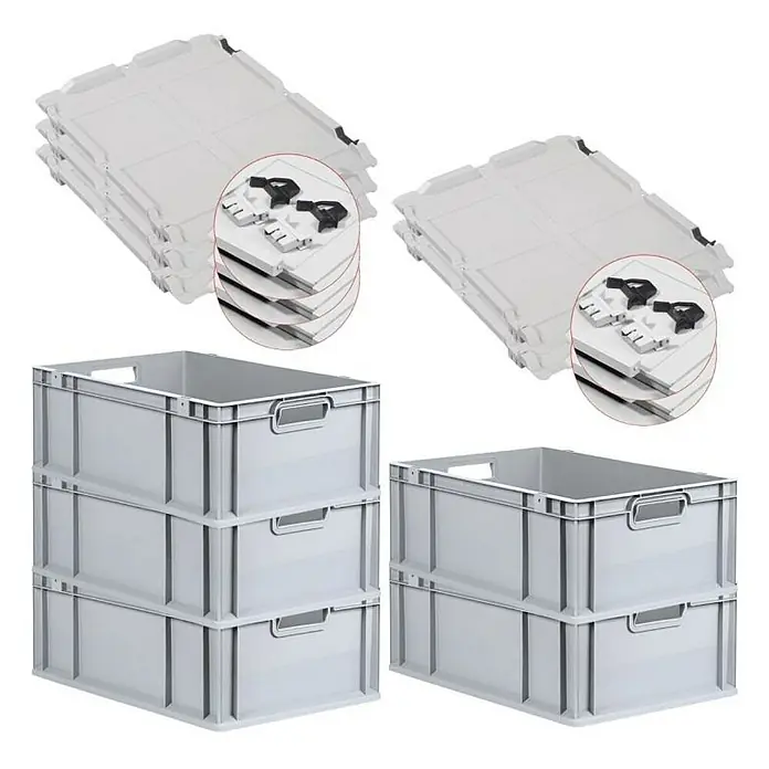 Proregal Euroboxen-Set 5x Eurobox NextGen Economy mit Scharnierdeckel und schwarzen Verschlüssen - L x B x H: 60 x 40 x 22 cm, Kunststoff, Grau, 5 Stk. - Abgebildete sind graue Kunststoffboxen und Deckel. Die Boxen sind leer und stapelbar, während die Deckel flach und ebenfalls stapelbar sind.