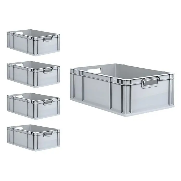 Proregal Euroboxen-Set 5x Eurobox NextGen Economy mit Scharnierdeckel und schwarzen Verschlüssen - L x B x H: 60 x 40 x 22 cm, Kunststoff, Grau, 5 Stk. - Die Darstellung zeigt eine Reihe grauer Kunststoffkisten, die sich ideal für Lagerung und Transport eignen. Ihre robuste Bauweise fällt sofort ins Auge.
