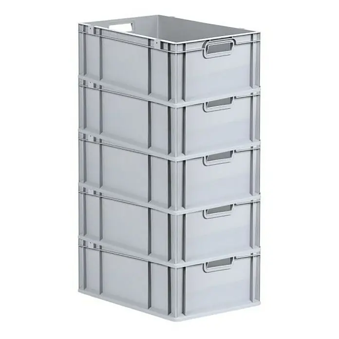 Proregal Euroboxen-Set 5x Eurobox NextGen Economy mit Scharnierdeckel und schwarzen Verschlüssen - L x B x H: 60 x 40 x 22 cm, Kunststoff, Grau, 5 Stk. - Fünf graue Lagerboxen sind übereinander gestapelt, ideal für Organisation und Aufbewahrung von Gegenständen im Haushalt oder Lager.