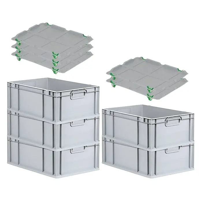 Proregal Euroboxen-Set 5x Eurobox NextGen Economy mit Auflagedeckel und 4x Verschlüsse Grün - L x B x H: 60 x 40 x 22 cm, Kunststoff, Grau, 5 Stk. - Abbildung von grauen Kunststoffboxen mit Deckeln, die sich ideal für Lagerung und Organisation eignen.