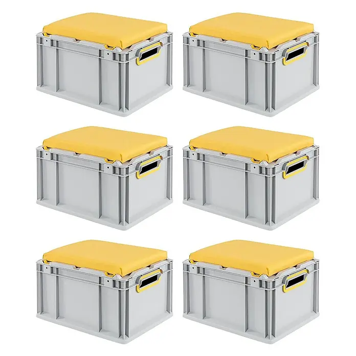 Proregal Euroboxen-Set 6x Eurobox NextGen Seat Box Gelb - L x B x H: 40 x 30 x 26,5 cm, Kunststoff, Grau, Gelb, 6 Stk. - Sechs graue Aufbewahrungsboxen mit gelben Sitzkissen, ideal für Ordnung und Komfort im Raum.