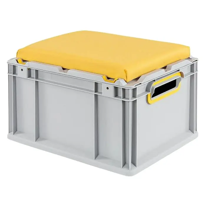 Proregal Euroboxen-Set 6x Eurobox NextGen Seat Box Gelb - L x B x H: 40 x 30 x 26,5 cm, Kunststoff, Grau, Gelb, 6 Stk. - Eine graue Lagerkiste mit einem gelben Polster auf dem Deckel. Praktische Aufbewahrung und bequeme Sitzgelegenheit kombiniert.