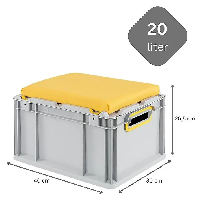 Proregal Euroboxen-Set 6x Eurobox NextGen Seat Box Gelb - L x B x H: 40 x 30 x 26,5 cm, Kunststoff, Grau, Gelb, 6 Stk. - Graue Aufbewahrungsbox mit gelbem Kissen und Größenangaben.