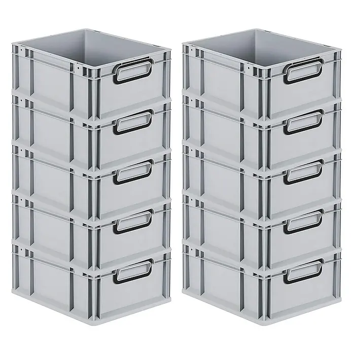 Proregal Euroboxen-Set 10x Eurobox NextGen Color - L x B x H: 40 x 30 x 17 cm, Kunststoff, Grau, Schwarz, 10 Stk. - Zwei Stapel grauer Kunststoffbehälter mit Griffen. Ideal für Lagerung, Organisation und Transport von Gegenständen.