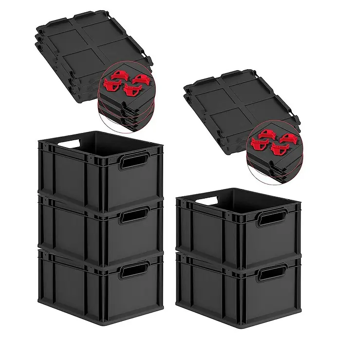 Proregal Euroboxen-Set 5x Eurobox NextGen Grip mit Auflagedeckel inkl. 4 roten Verschlüssen - L x B x H: 40 x 30 x 22 cm, Kunststoff, Schwarz, 5 Stk. - Schwarze Lagerboxen und Deckel mit roten Clips zur sicheren Aufbewahrung und Organisation von Gegenständen.