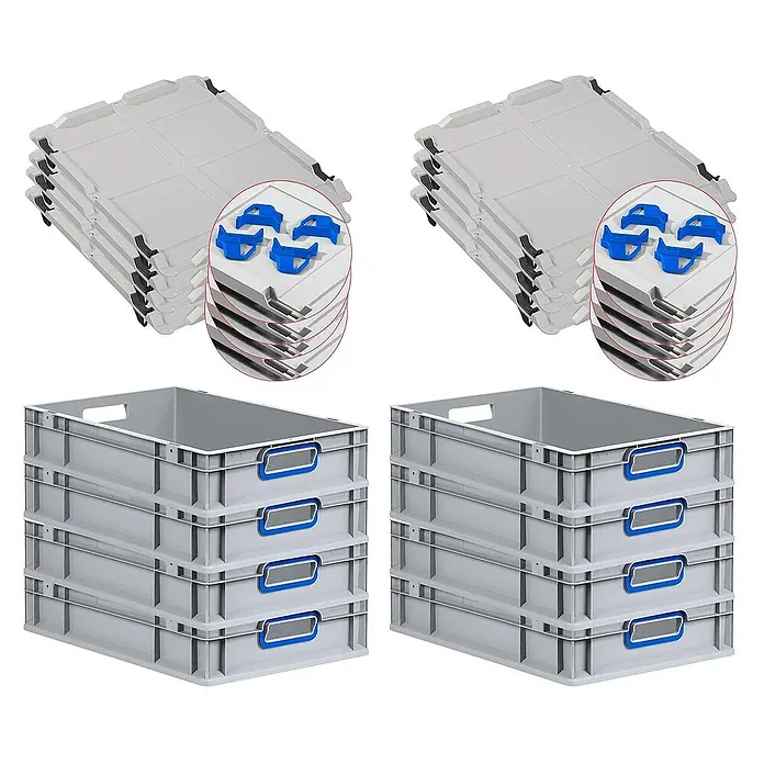 Proregal Euroboxen-Set 8x Eurobox NextGen Color mit Auflagedeckel und Schiebeschnappverschlüsse - L x B x H: 60 x 40 x 12 cm, Kunststoff, Grau, Blau, 8 Stk. - Stapelbare Eurobehälter und Deckel. Die Behälter sind grau mit blauen Griffen, und die Deckel sind grau. Praktische Aufbewahrungslösung.
