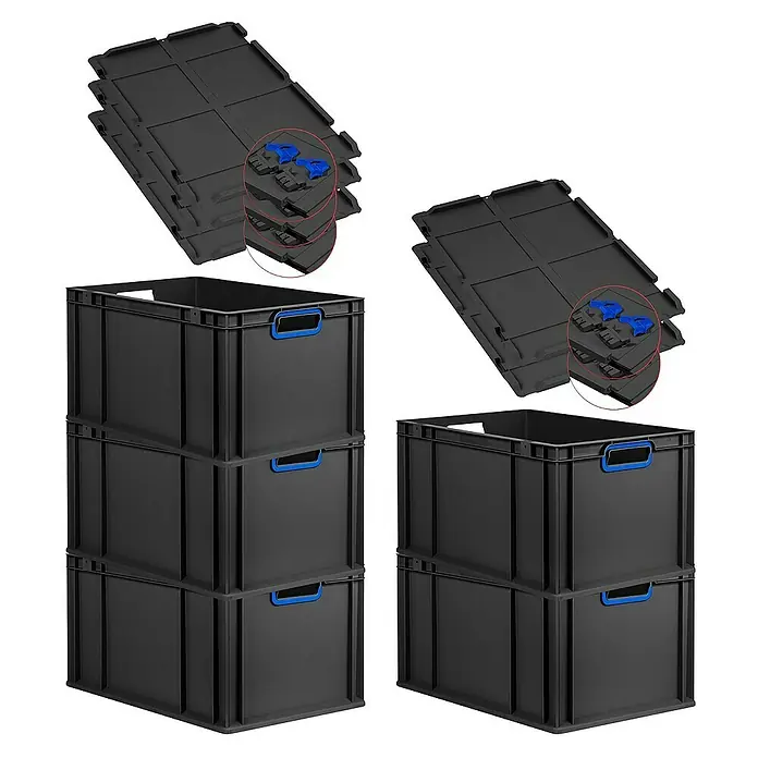 Proregal Euroboxen-Set 5x Eurobox NextGen Color mit Scharnierdeckel und Verschlüssen - L x B x H: 60 x 40 x 32 cm, Kunststoff, Schwarz, Blau, 5 Stk. - Schwarze Kunststoffboxen mit blauen Griffen und Deckel zum Stapeln. Ideal für Lagerung und Transport.