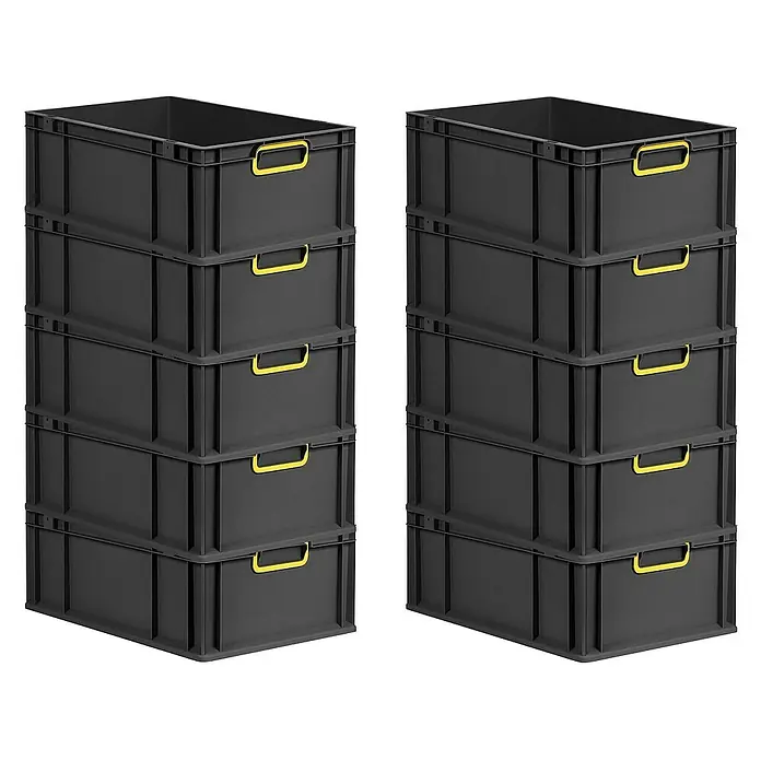 Proregal Euroboxen-Set 10x Eurobox NextGen Color - L x B x H: 60 x 40 x 22 cm, Kunststoff, Schwarz, Gelb, 10 Stk. - Zwei Stapel grauer Kunststoff-Aufbewahrungsboxen mit gelben Griffen, die eine praktische und organisierte Aufbewahrungslösung bieten.